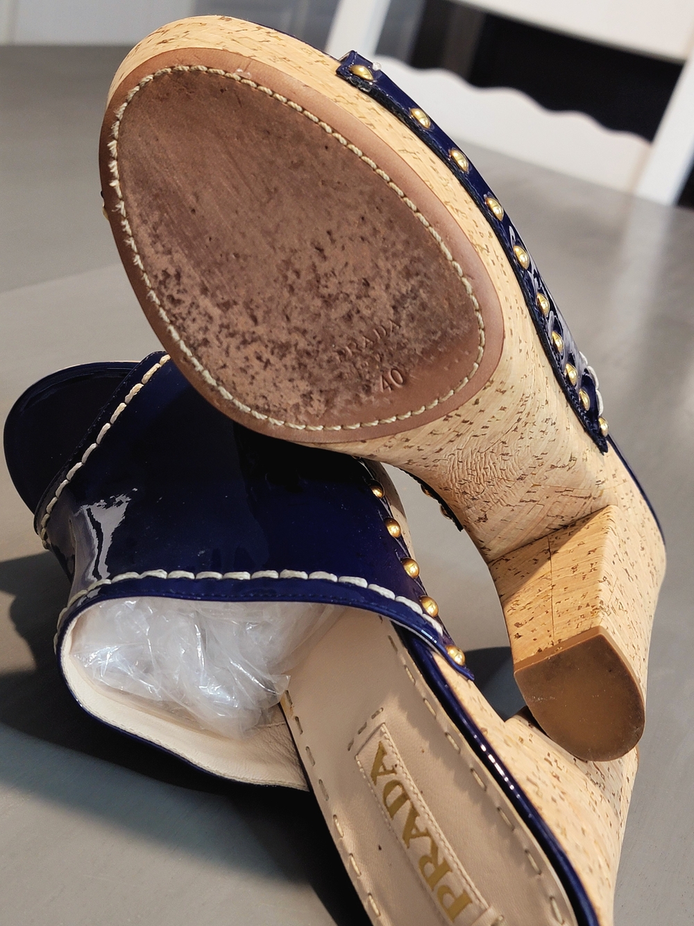 PRADA Royal Blue Patent Leather Studded Cork Platform Mules Sandals Size 40 - Picture 5 of 9